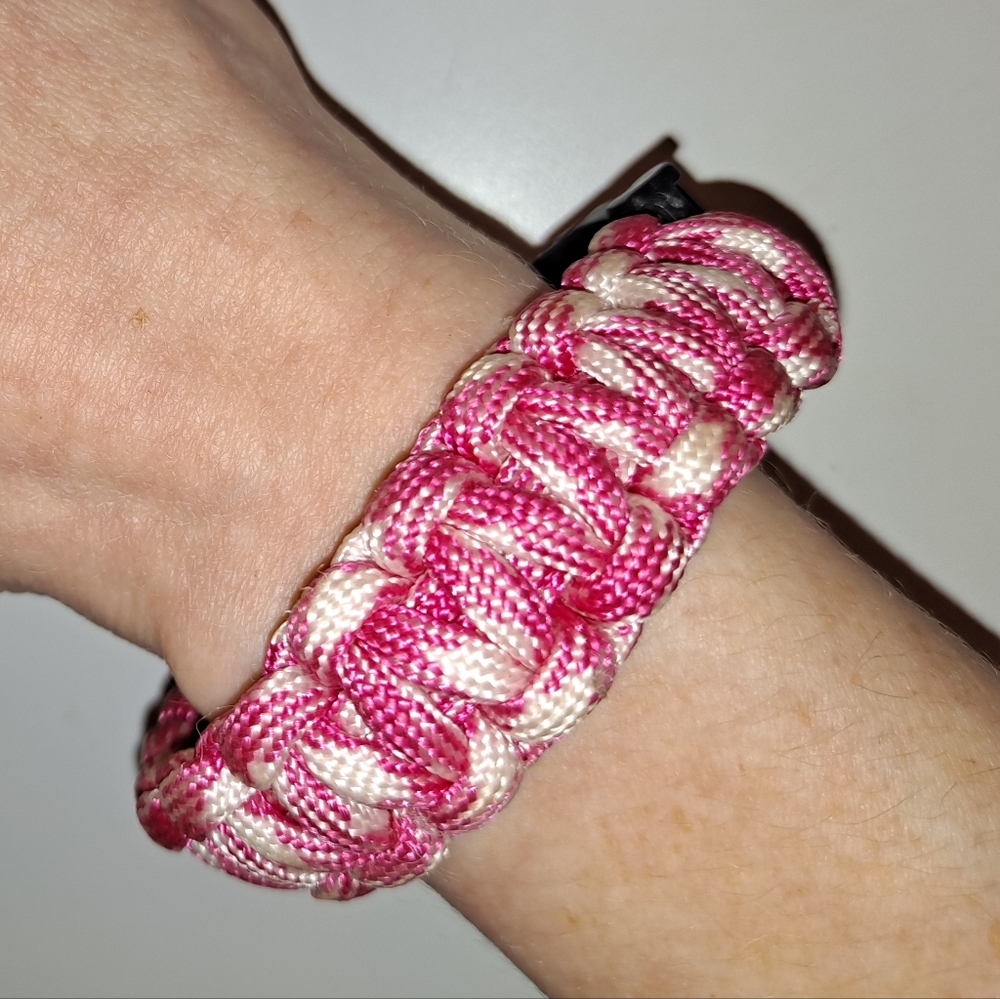 Pink white paracord bracelet braided with buckle